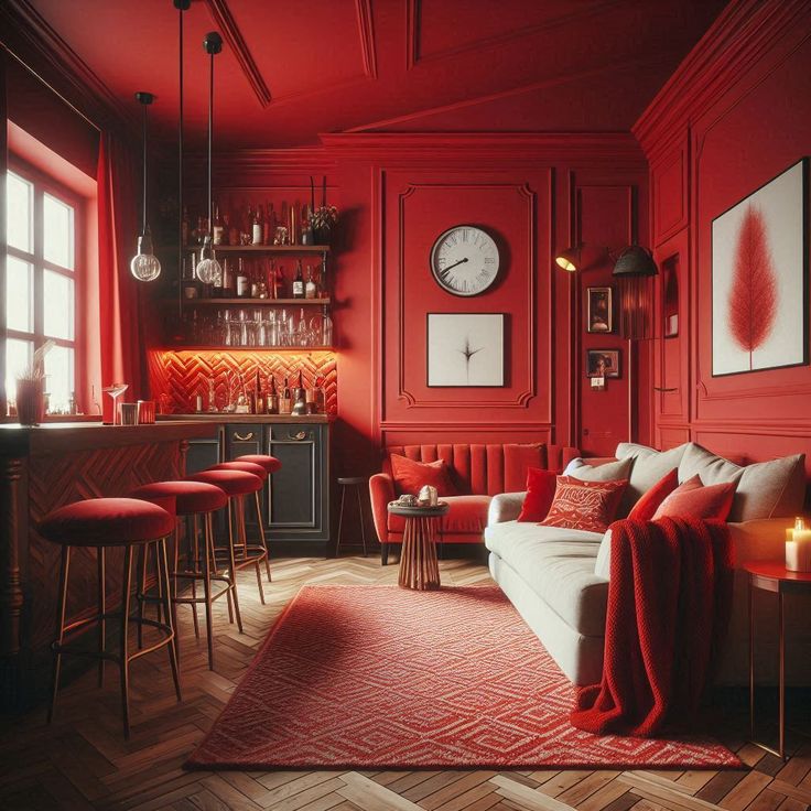 Original Living Room with Deep Red Walls, Ceiling, and Furnishings